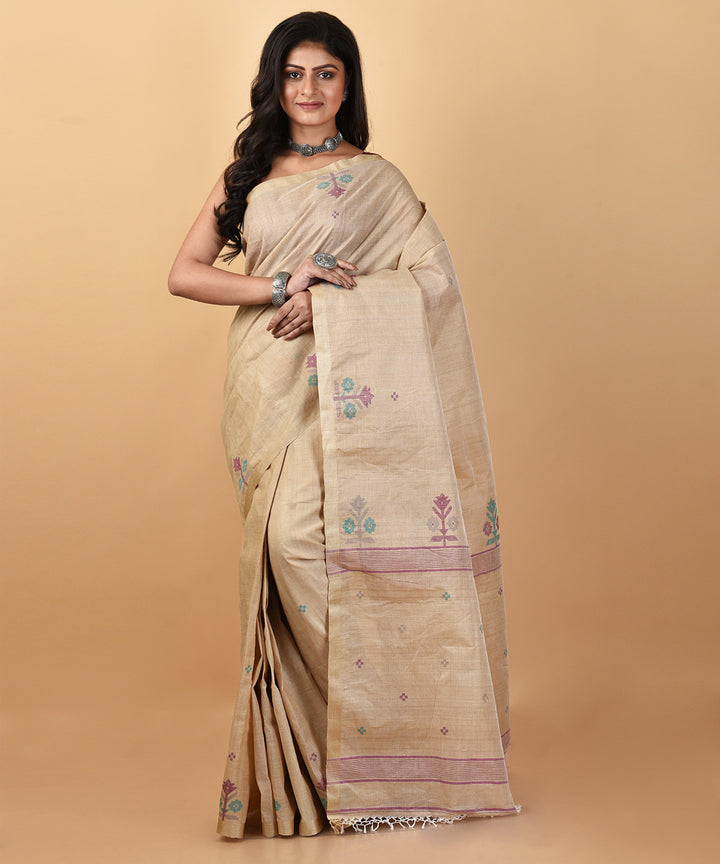 Beige handwoven tussar silk jamdani saree