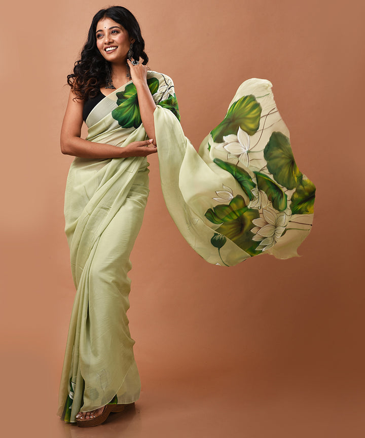 Light green handwoven organza silk hand painted saree