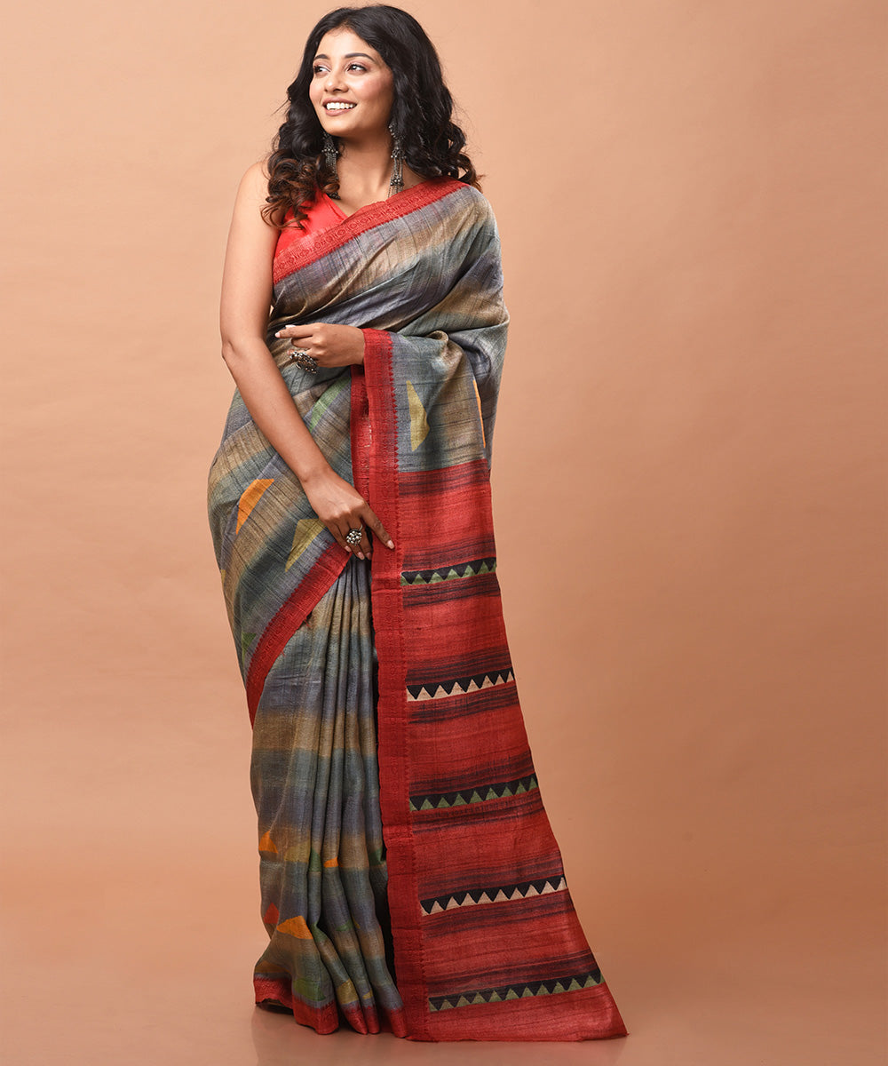 Handwoven tussar silk block print saree