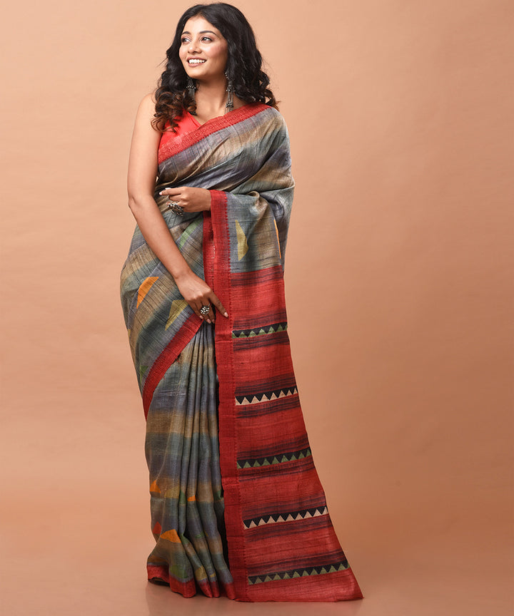 Handwoven tussar silk block print saree