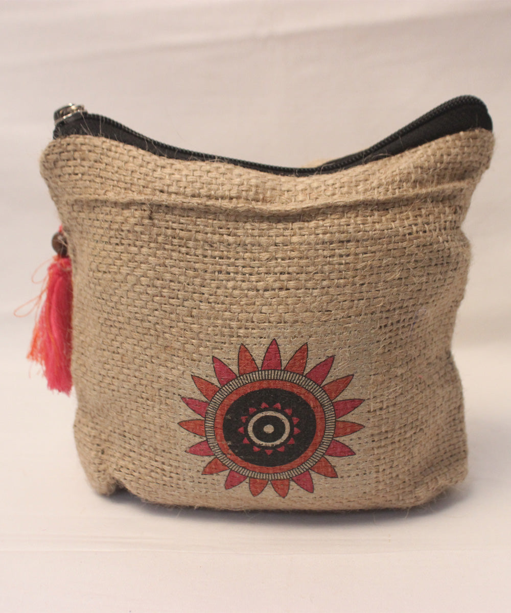 Beige natural hand printed jute jute pouch