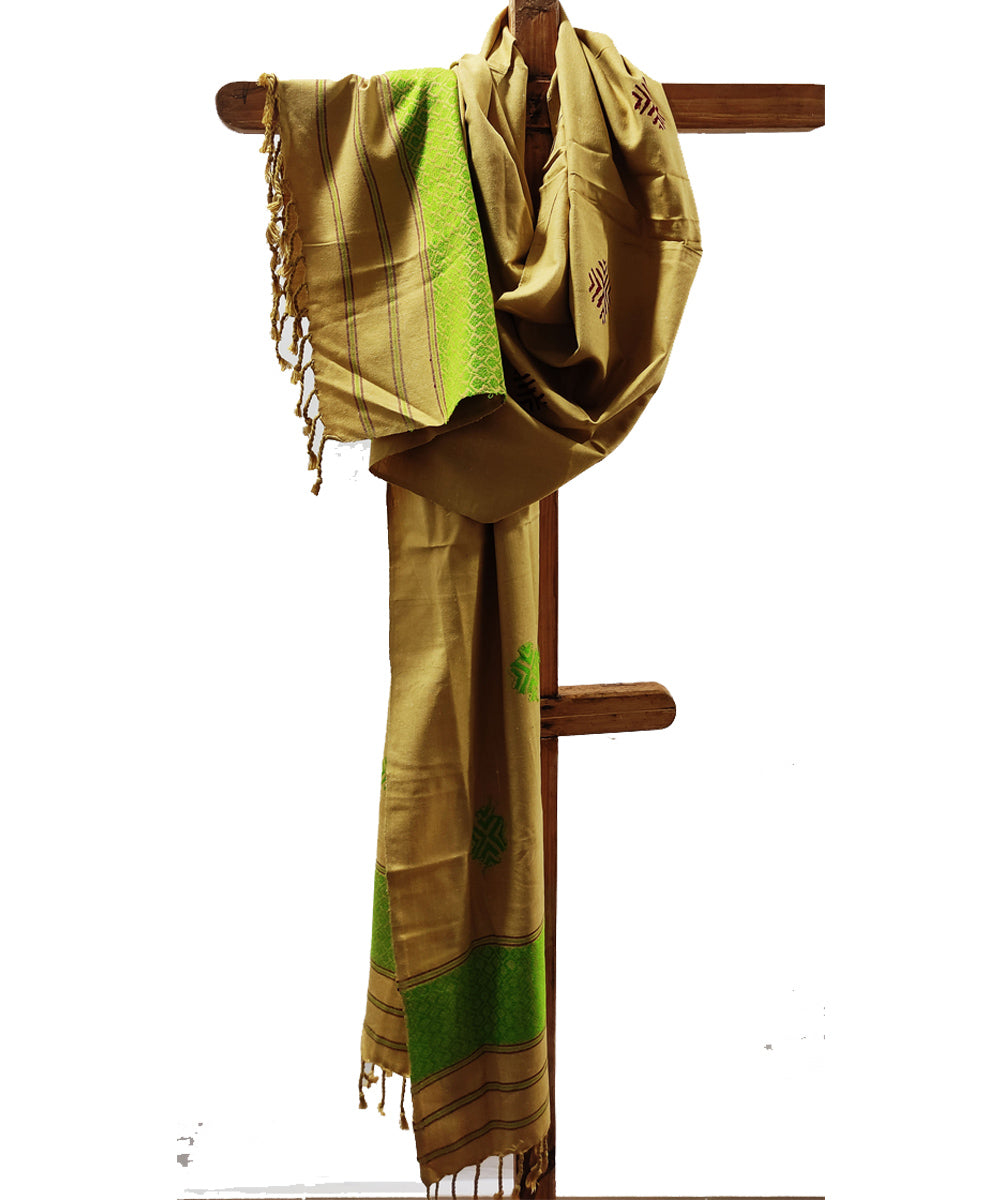 Beige green handloom eri silk and viscose assam stole