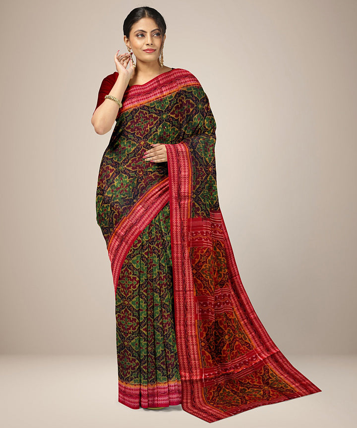 Dark green red handwoven cotton sambalpuri saree