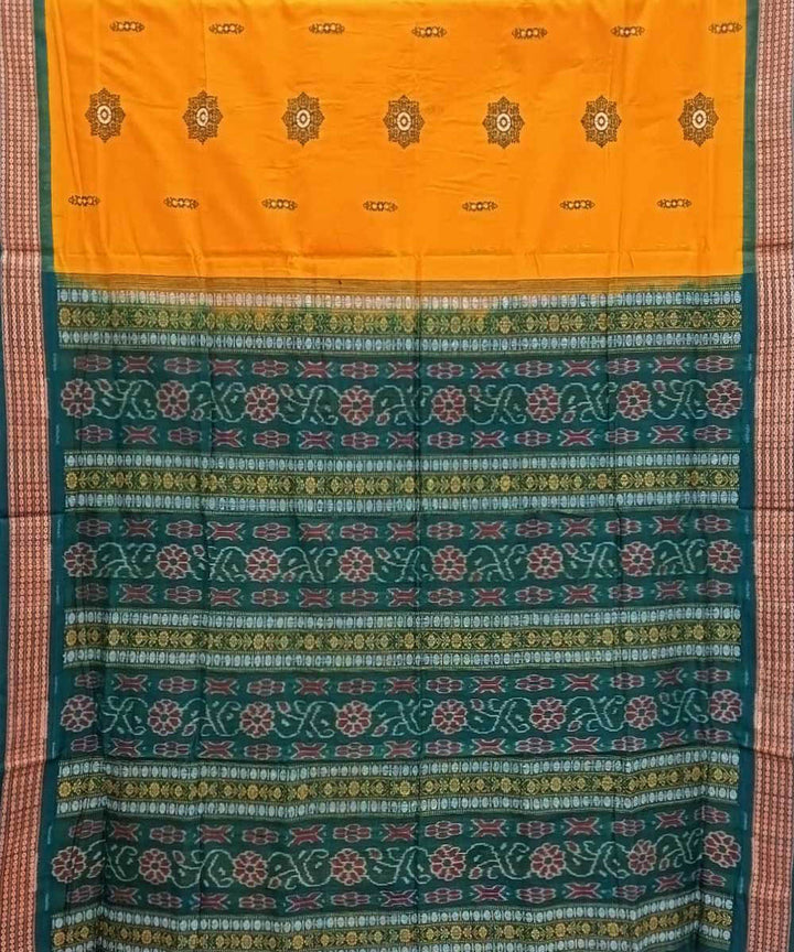 Yellow cyan green handwoven bomkai cotton saree