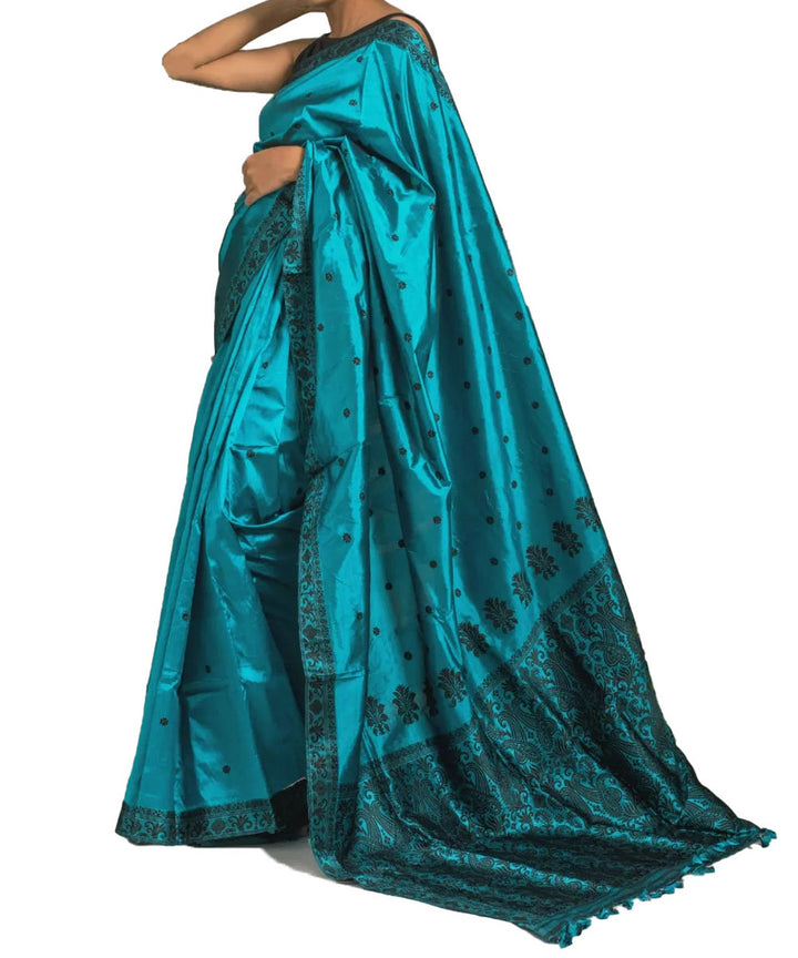 Sky blue black silk handloom assam saree