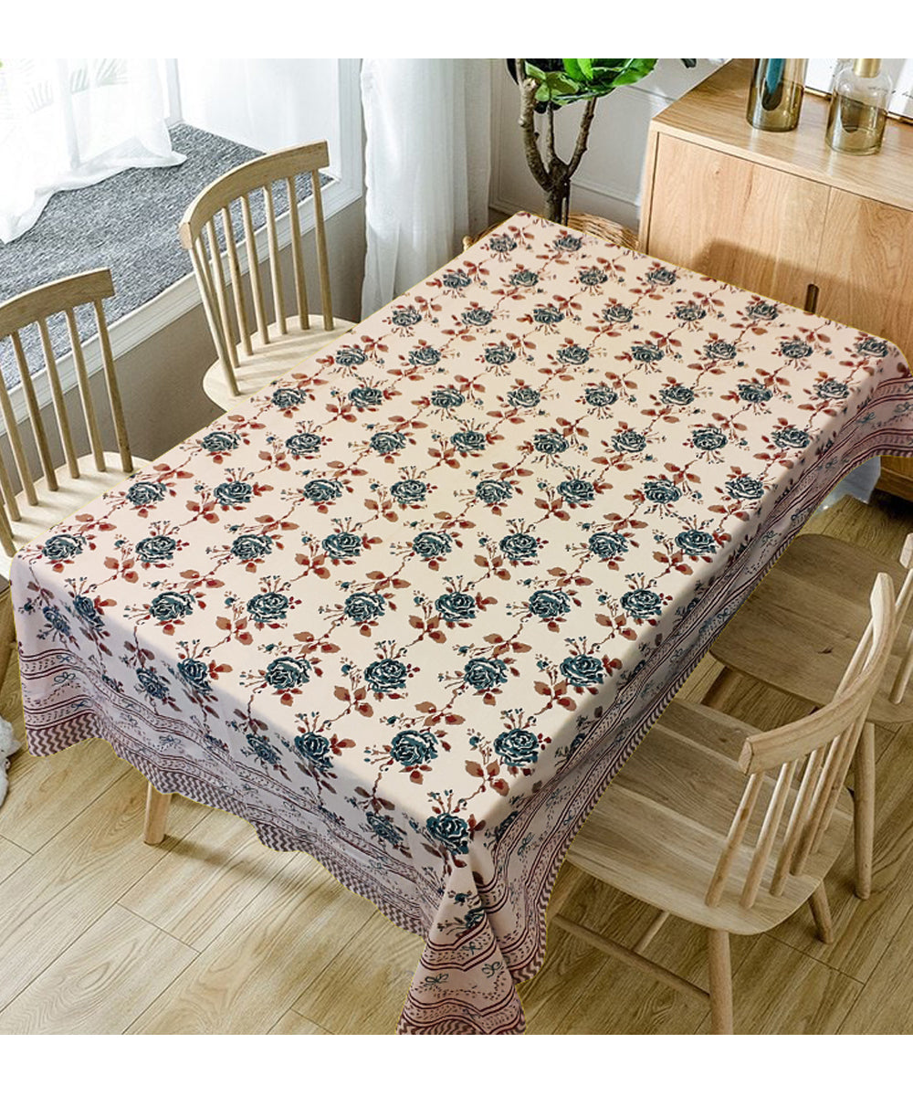Multicolor handblock print cotton table cover with 6 napkins