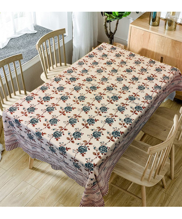 Multicolor handblock print cotton table cover with 6 napkins