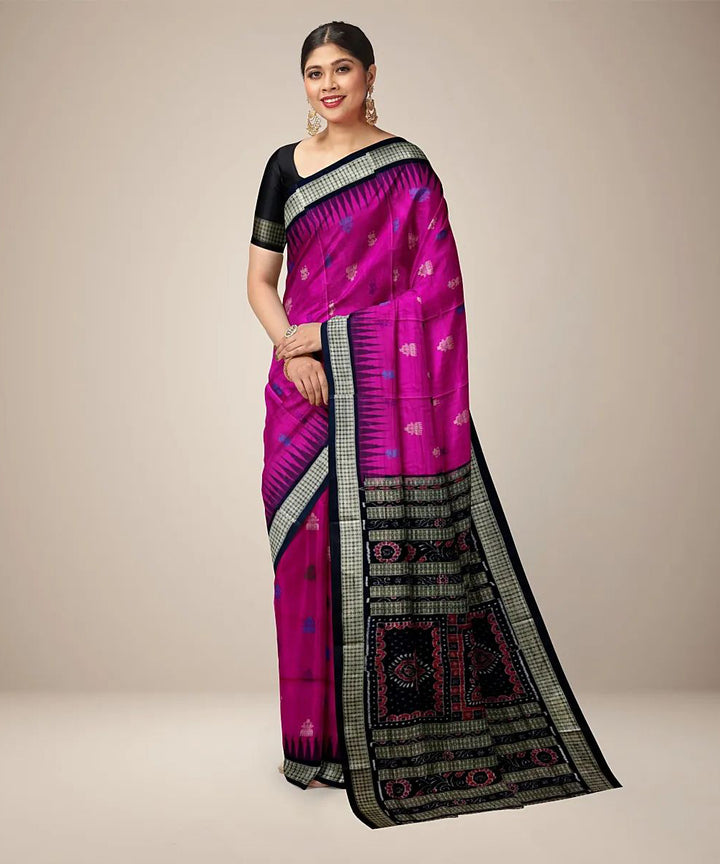 Pink black handwoven silk sambalpuri saree