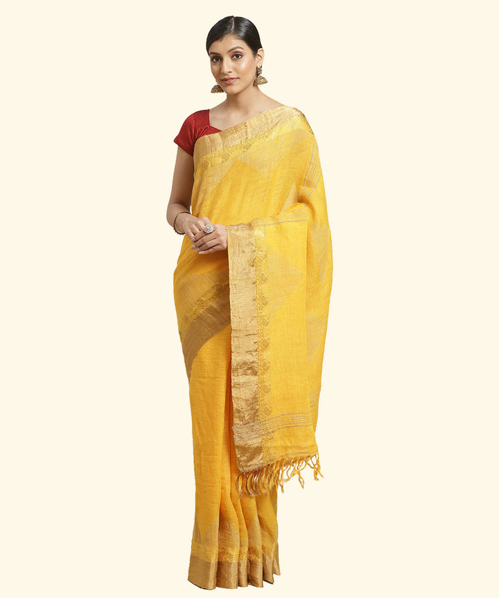 Biswa bangla handloom yellow linen nettle jacquard saree with zari work