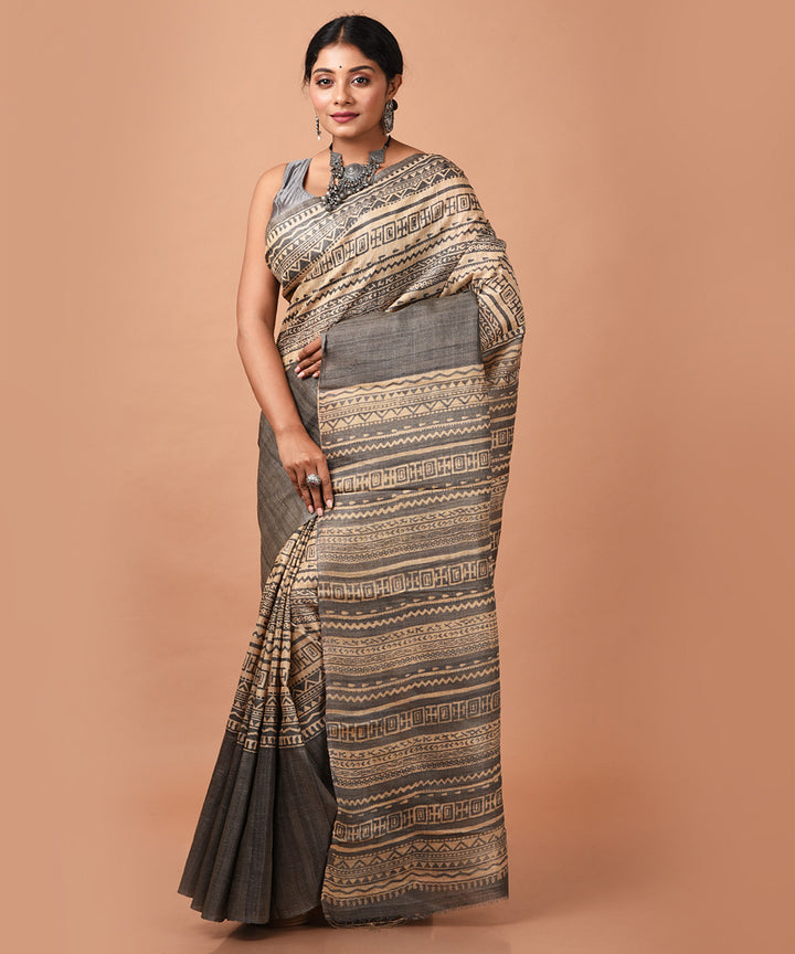 Grey handwoven tussar silk block print saree