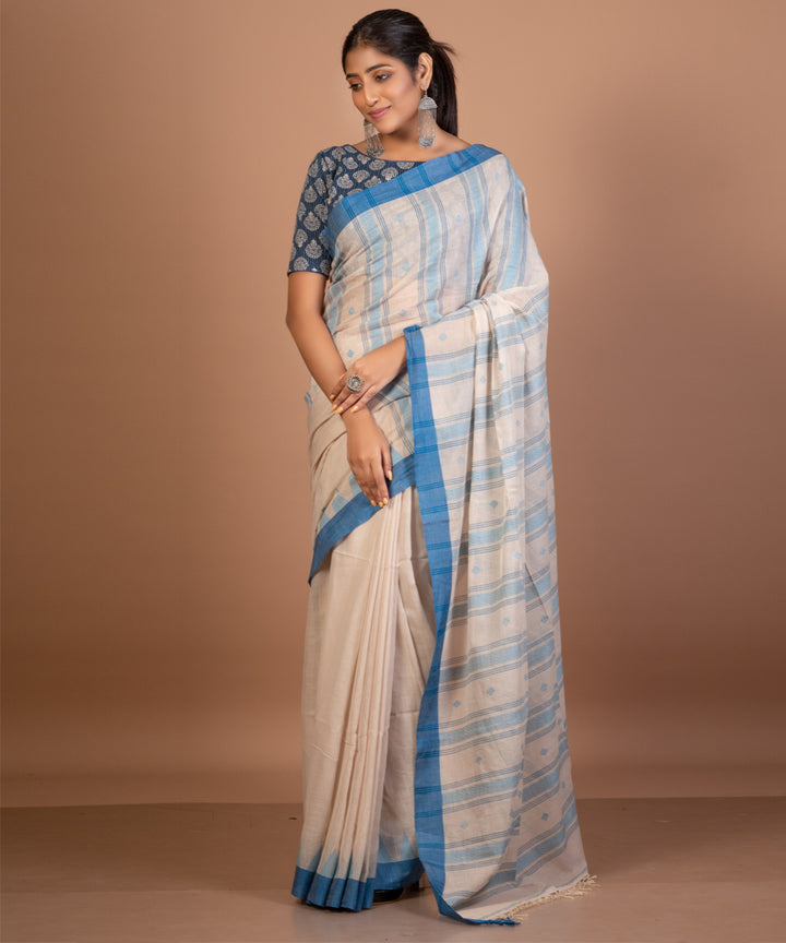 Blue off white handwoven cotton jamdani saree