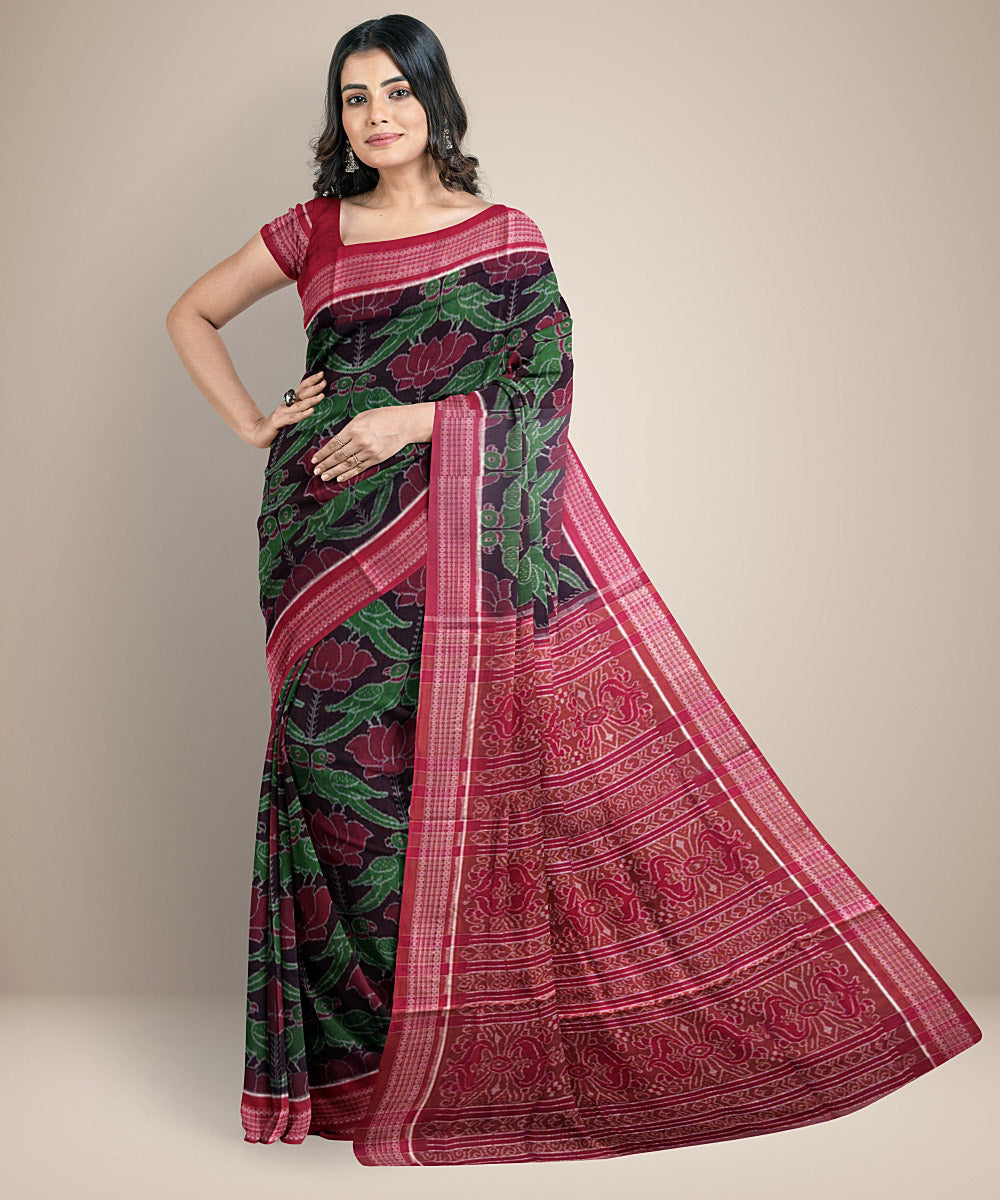 Pink green floral cotton handwoven sambalpuri saree