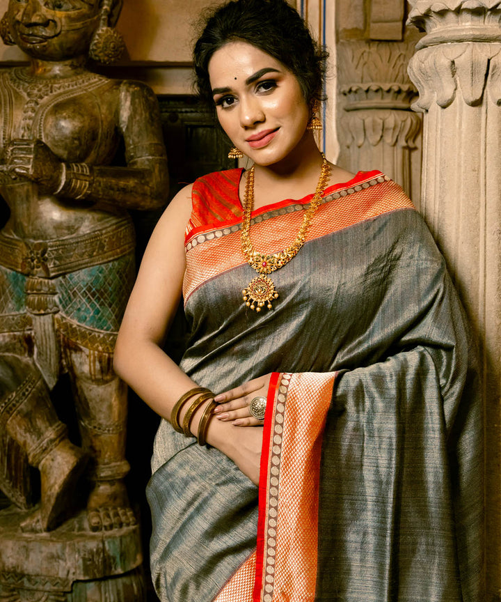 Grey and orange silk handloom banarasi saree
