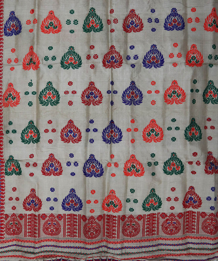 Grey red muga silk assam handloom mekhela chador