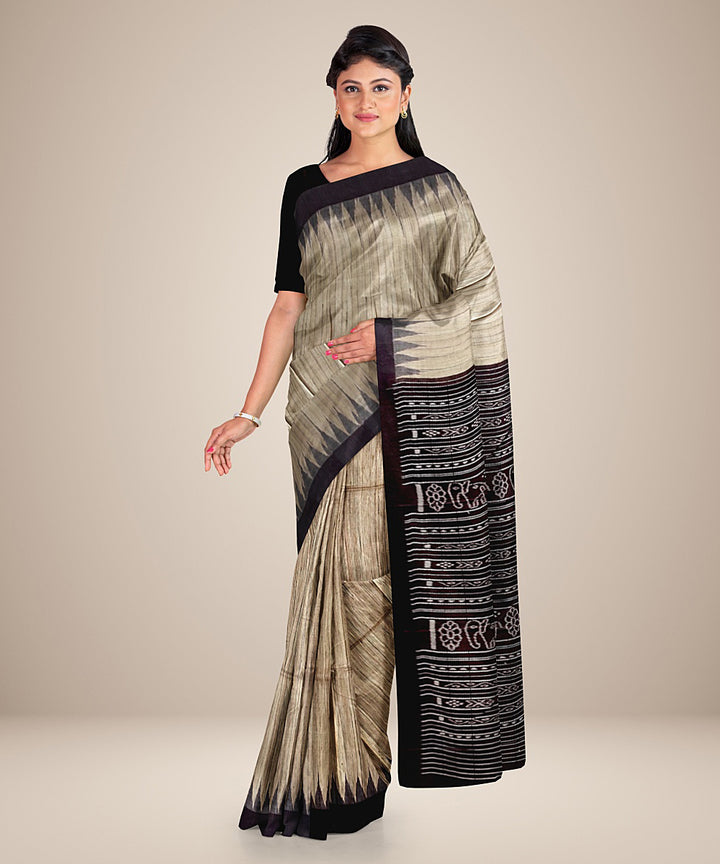 Beige black gopalpur tussar silk handwoven saree