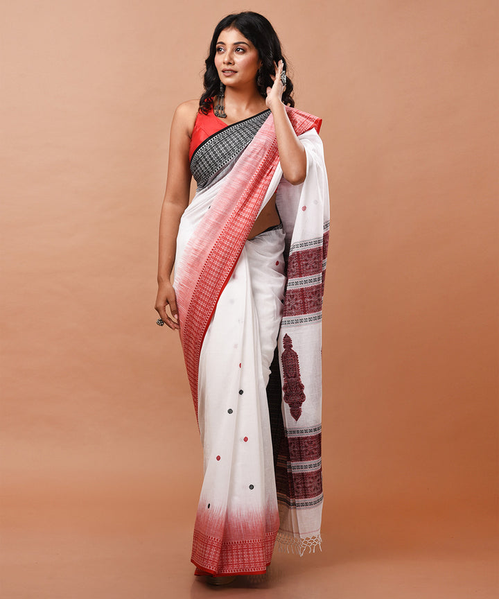 White and red handwoven cotton jamdani saree