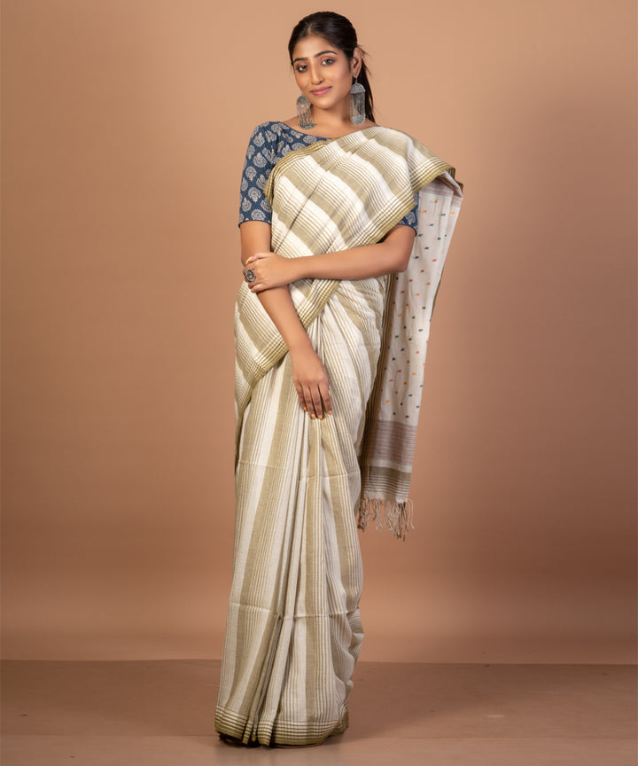 Olive green handwoven cotton jamdani saree