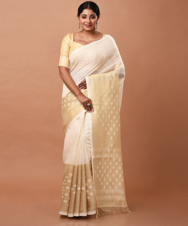 Off white handloom tussar silk by cotton jamdani saree