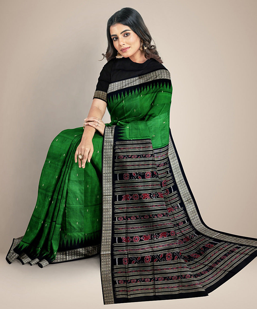 Dark green black silk handwoven bomkai saree