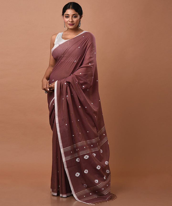 Brown handwoven cotton jamdani saree