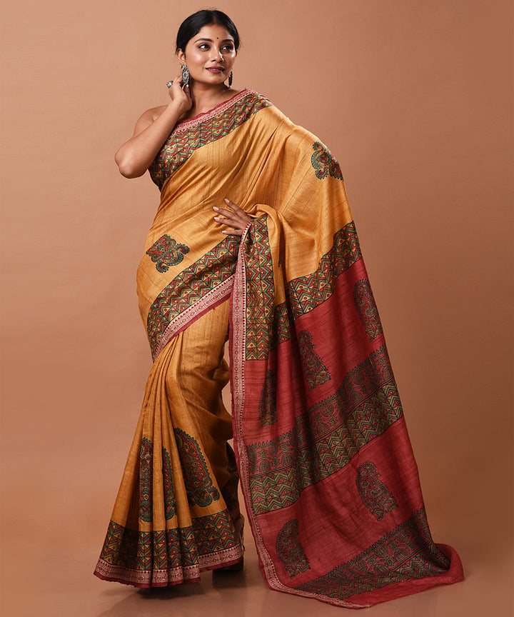 Mustard handwoven tussar silk block print saree