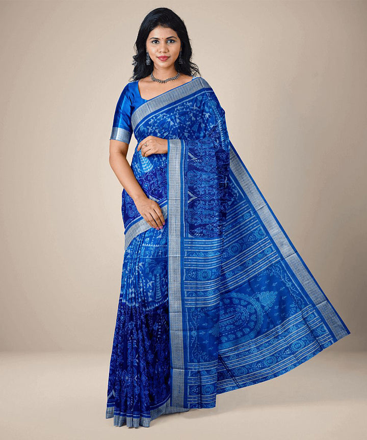 Sky blue dark blue handwoven silk sambalpuri saree