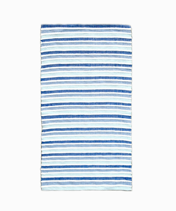White navy blue handwoven stripe cotton dhurrie