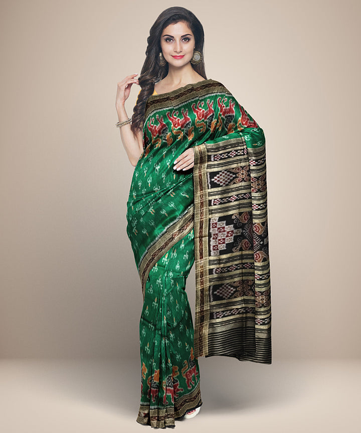 Dark green black silk handwoven bandha anchal khandua saree