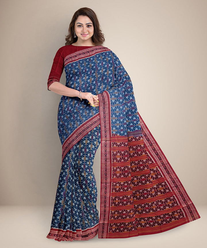 Navy blue red cotton handwoven sambalpuri saree