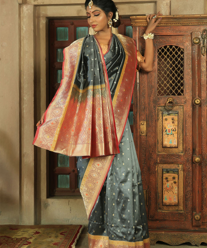 Grey silk handloom banarasi saree