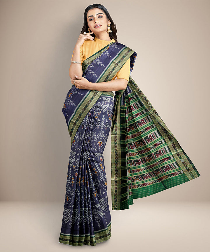 Grey black and green handwoven silk khandua saree