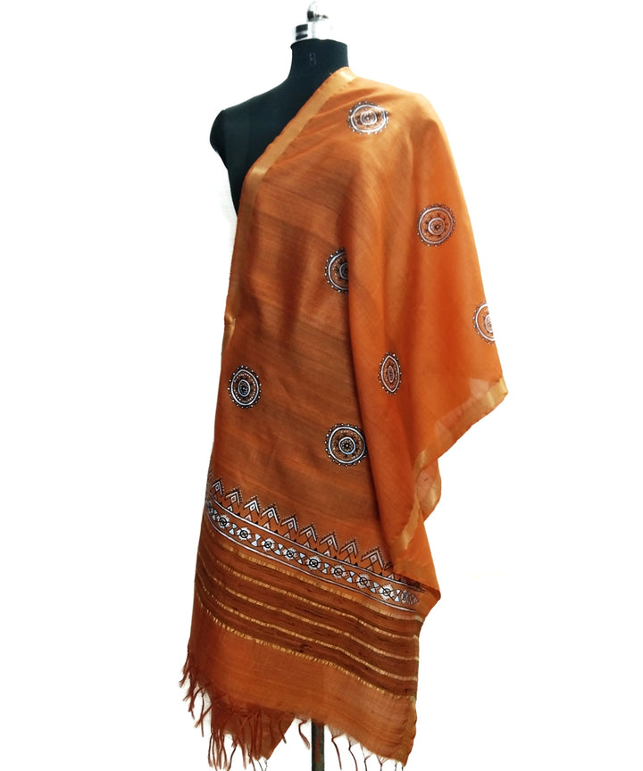 Orange golden hand painted silk godana art dupatta