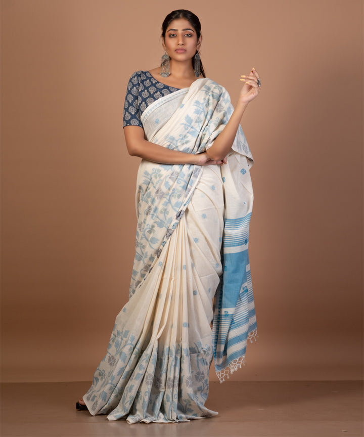 White cotton handwoven jamdani saree