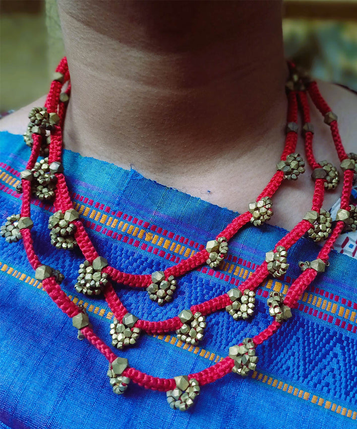Red handcrafted layered dokra necklace