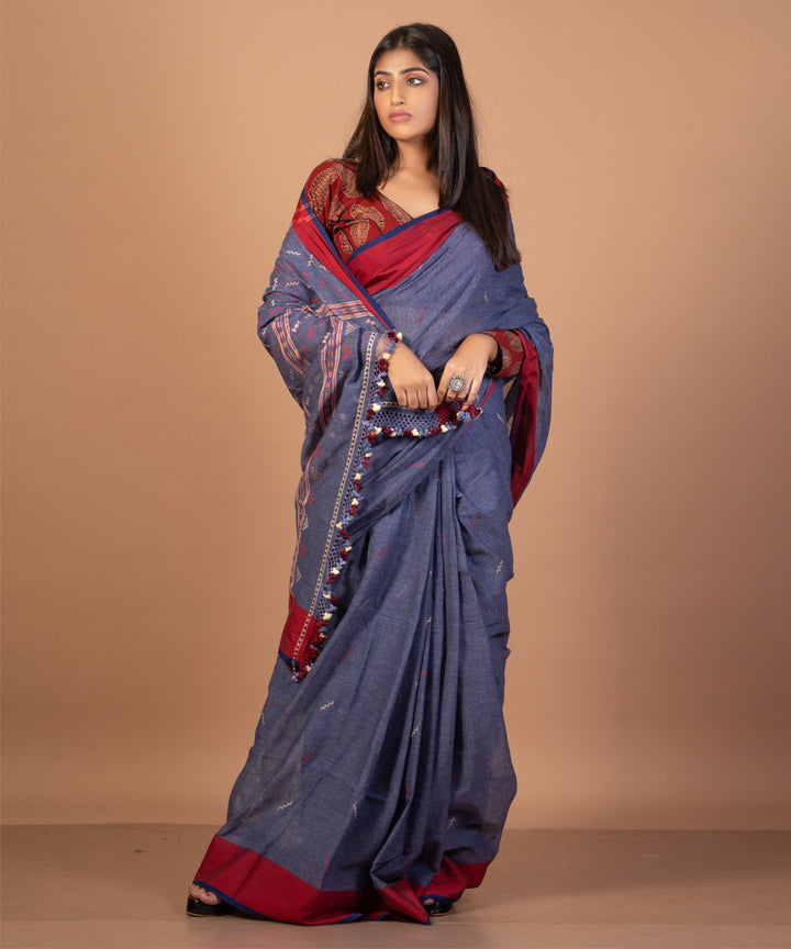 Indigo grey handwoven cotton jamdani saree