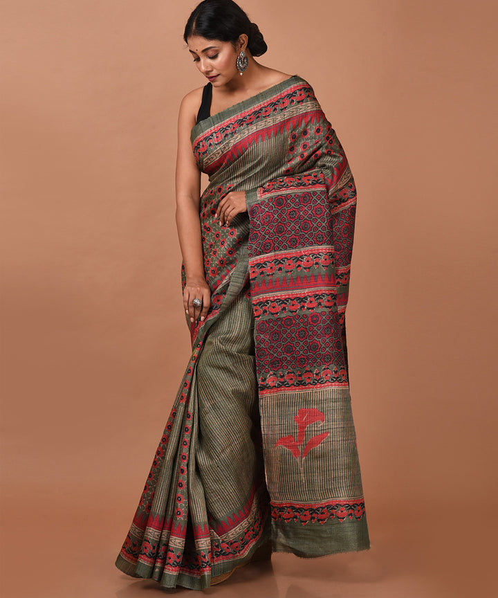 Olive green handwoven tussar silk block print saree