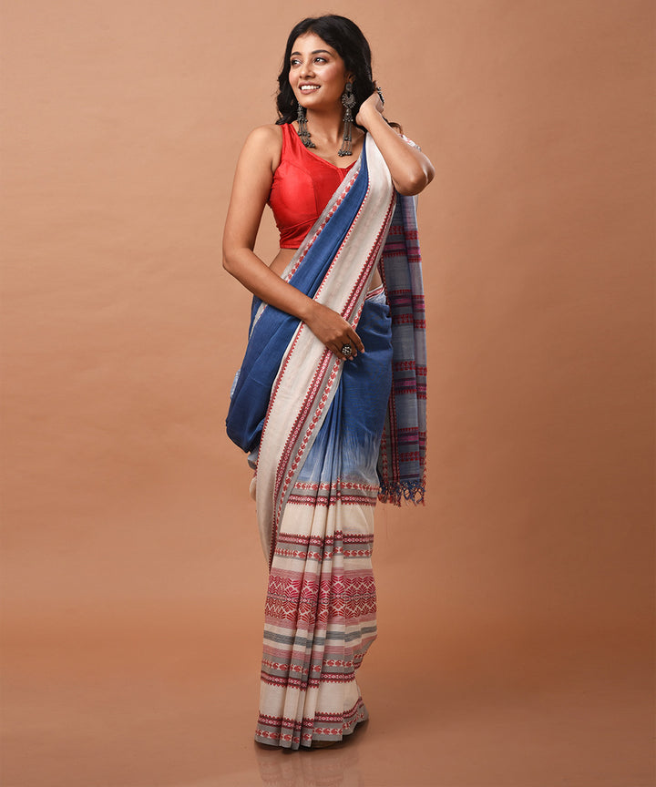 Indigo blue handwoven cotton jamdani saree