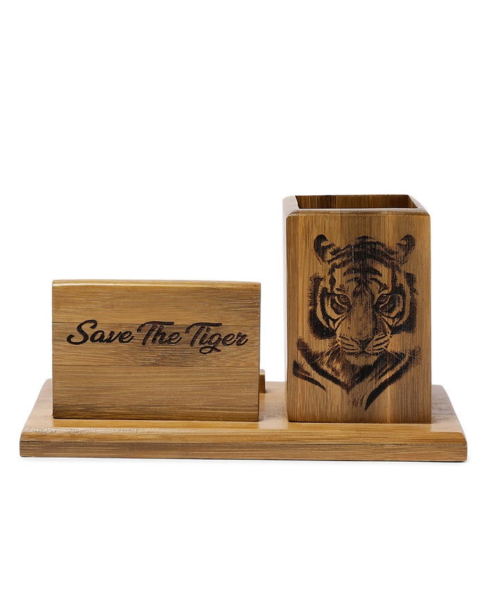 Brown natural hand printed bamboo wood bamboo pen stand