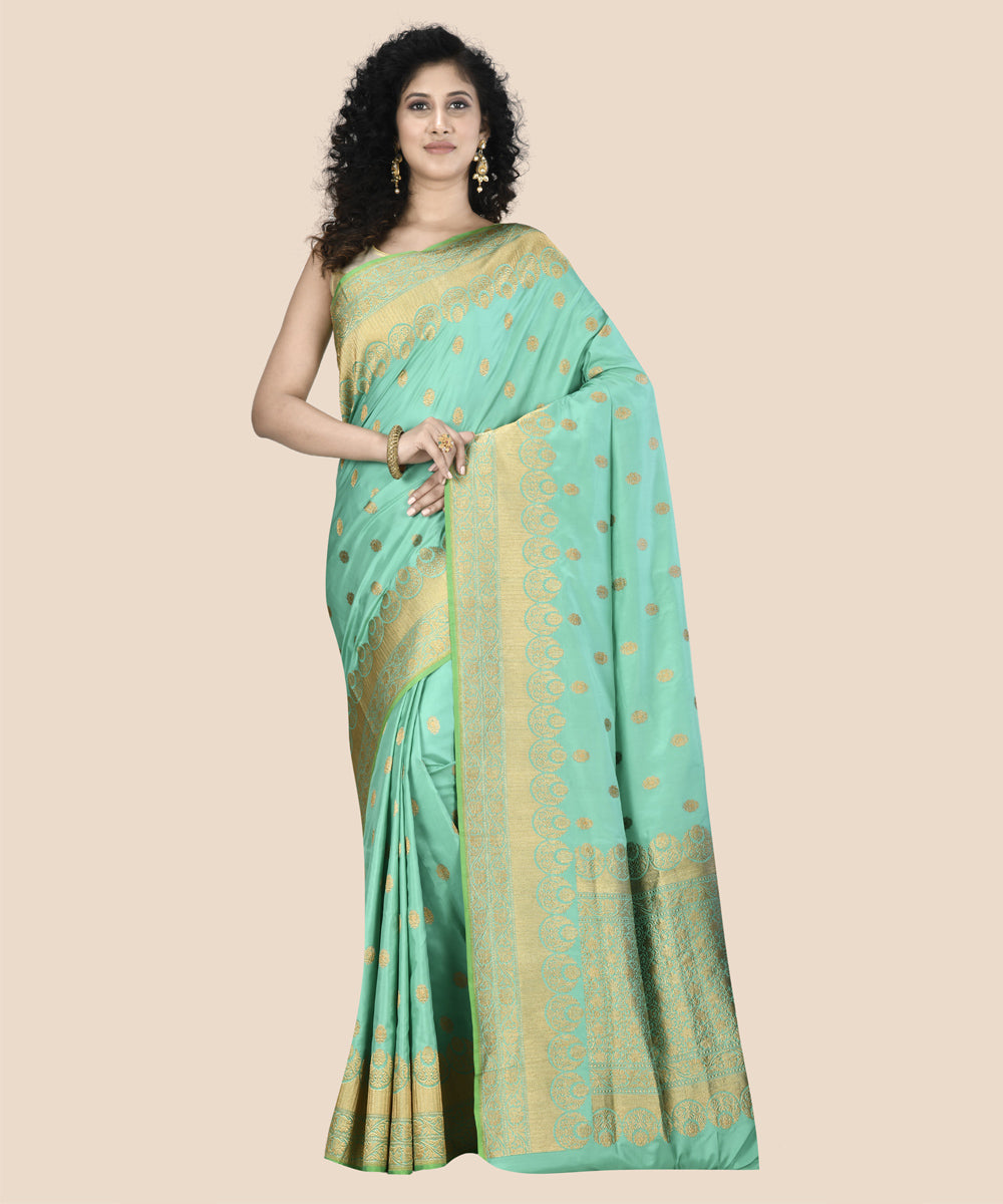Cyan green silk handwoven banarasi saree