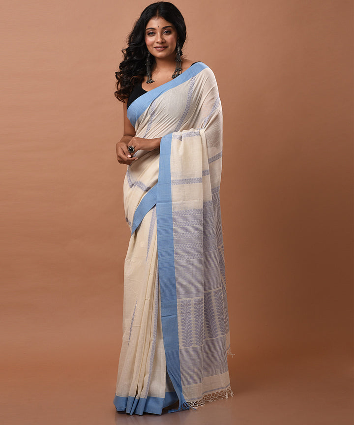 Blue and white handwoven cotton jamdani saree