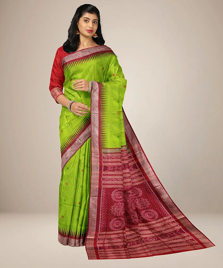 Neon green red handwoven silk sambalpuri saree