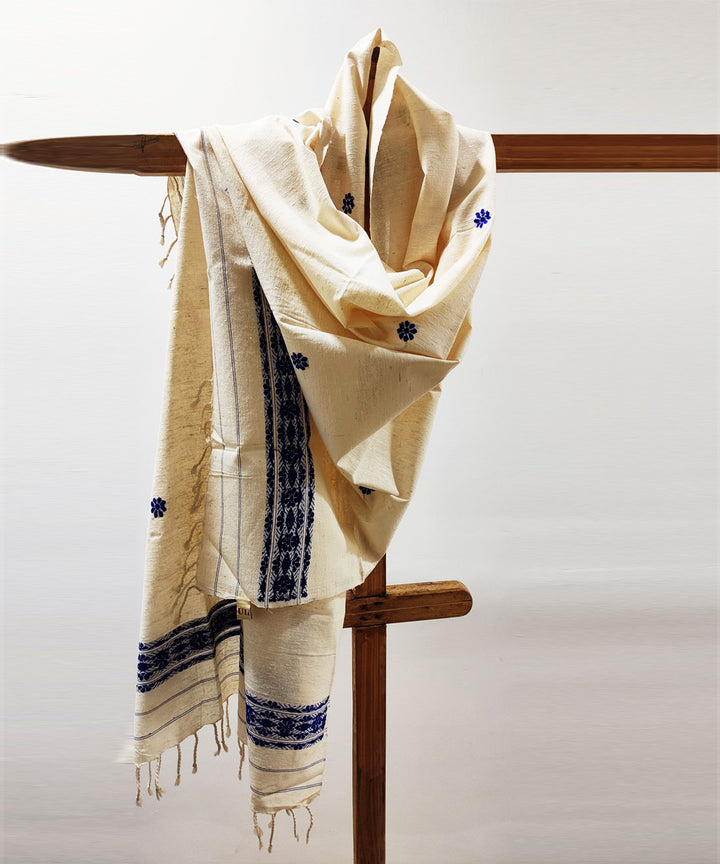 Cream blue handloom eri silk assam stole