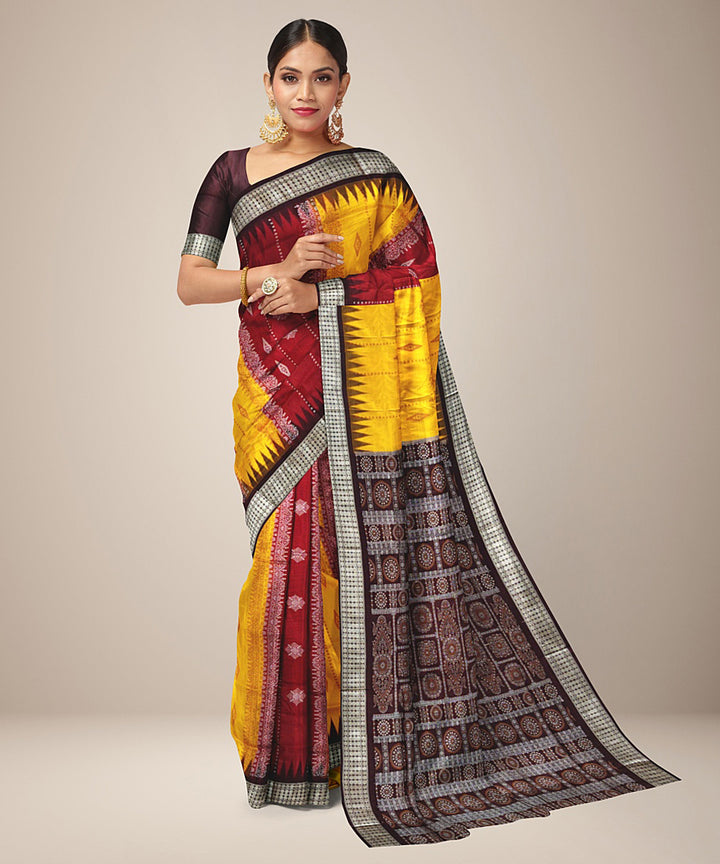 Yellow maroon black silk handwoven bomkai saree