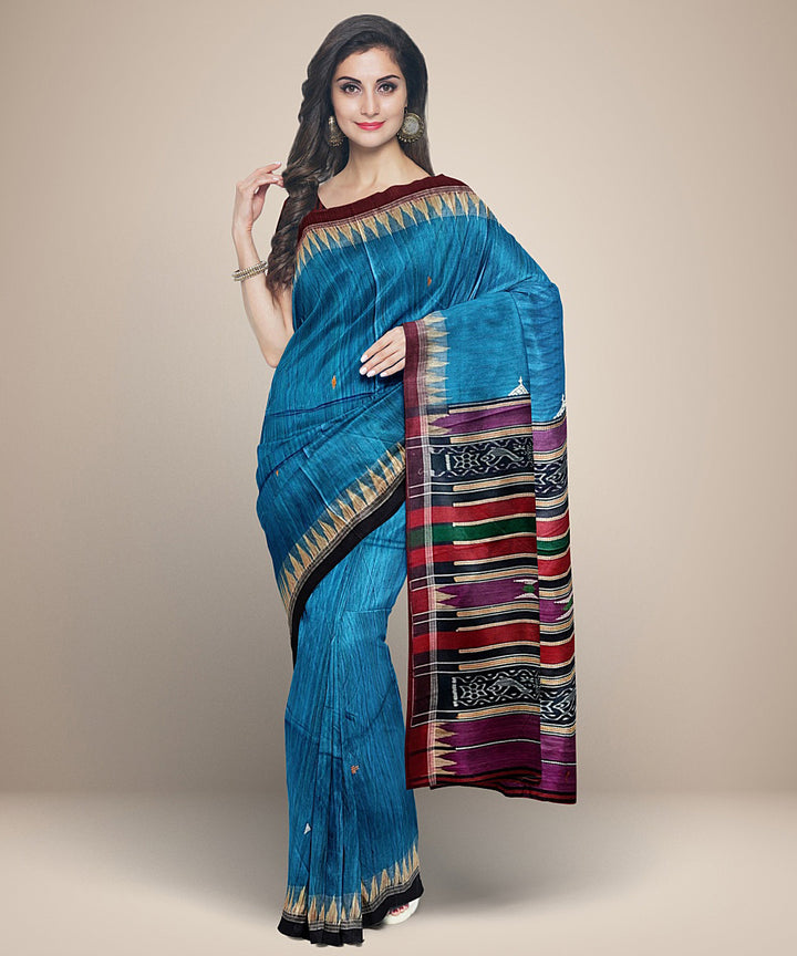 Sky blue mustard maroon gopalpur tussar silk handwoven saree