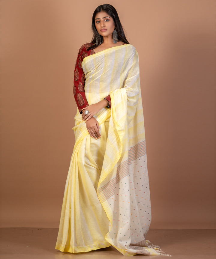 Light yellow handwoven cotton jamdani saree