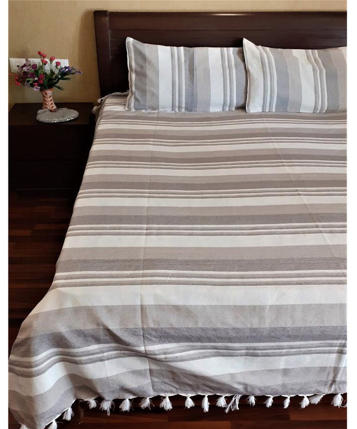 Grey white handloom cotton stripe bedsheet
