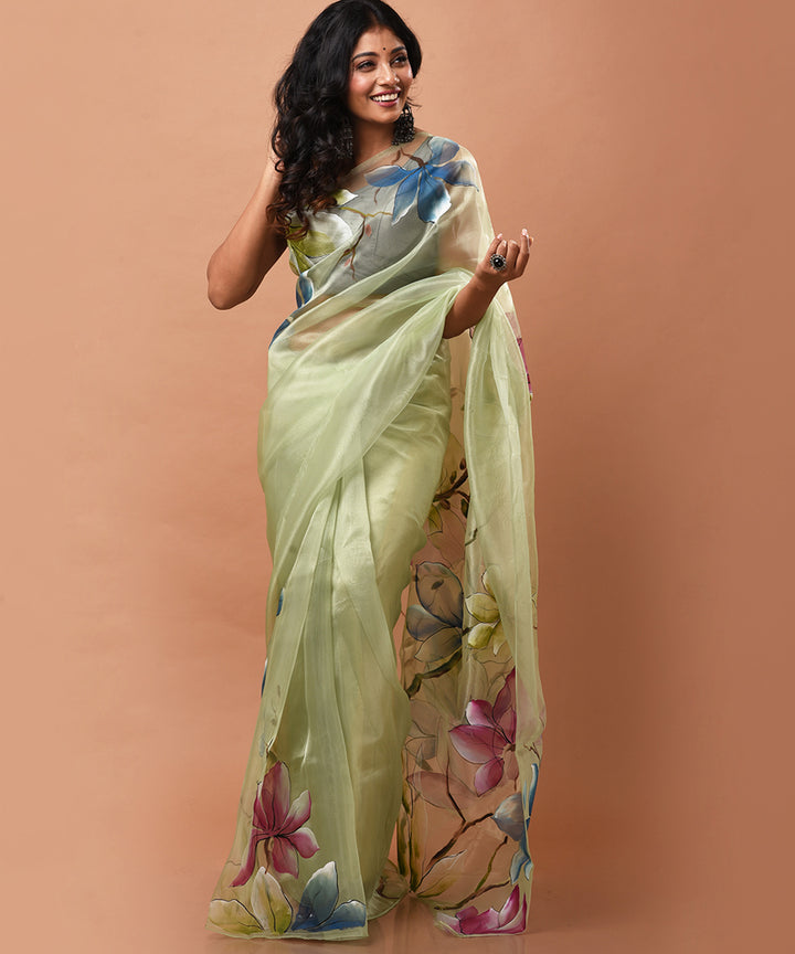 Light hand painted green handwoven organza silk saree