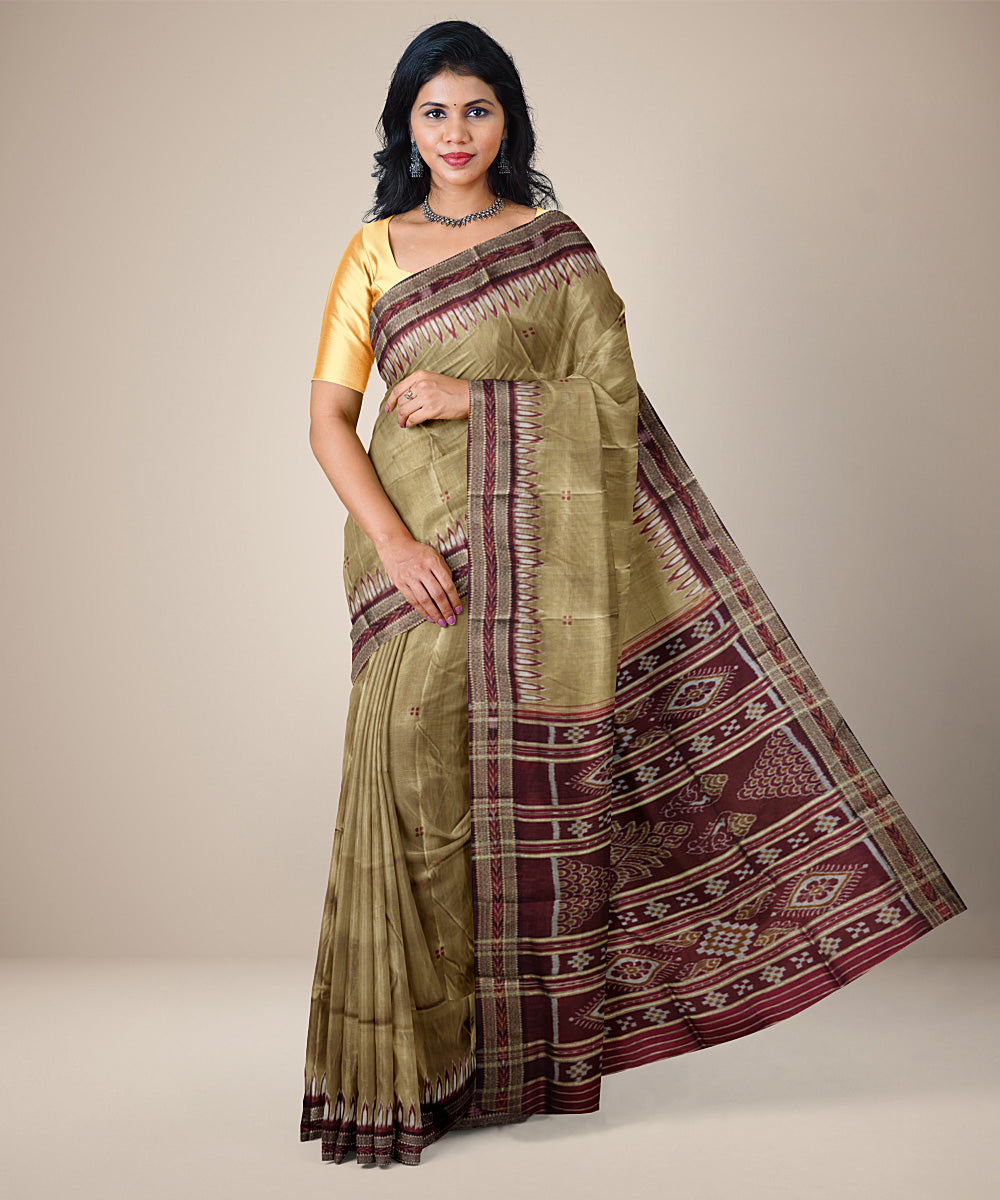 Beige yellow and maroon handwoven silk khandua saree