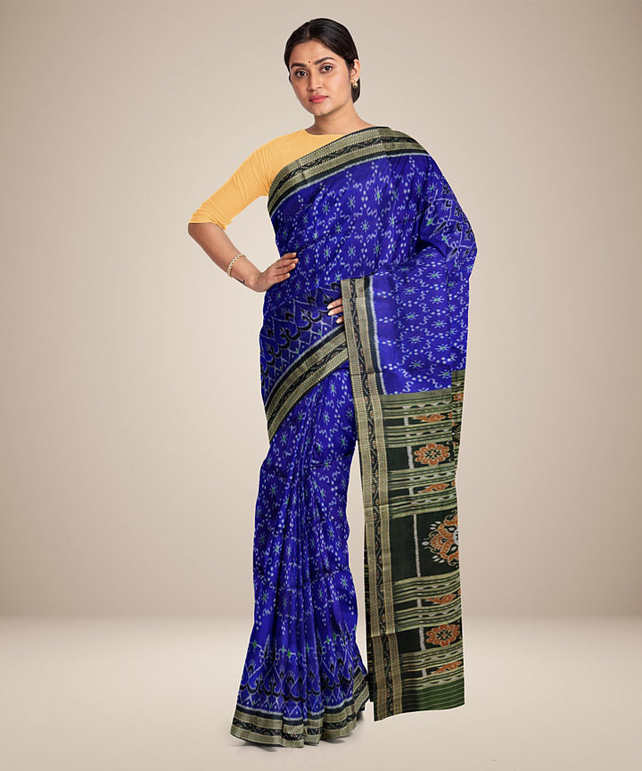 Navy blue green silk handwoven khandua saree