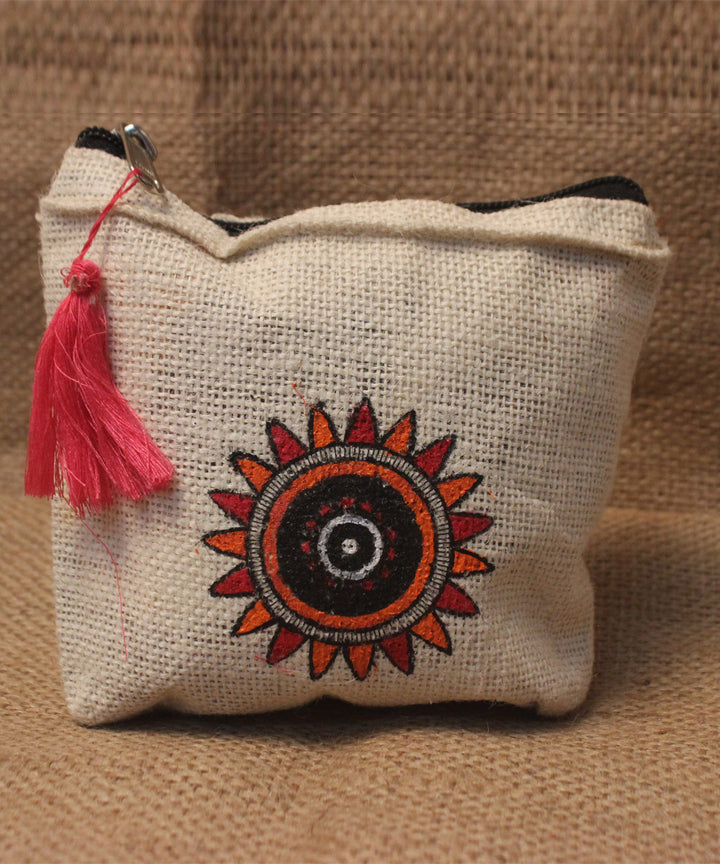 Offwhite hand printed jute jute pouch